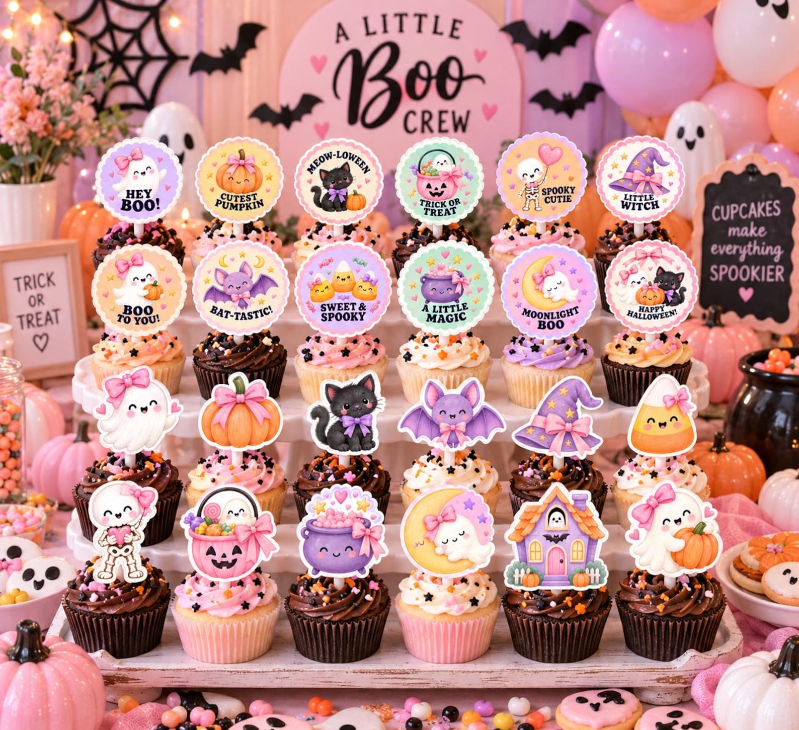A Pastel Mix with Layered-Looking Outlines Pastel Halloween topper preview with many cute character designs in a coordinated dessert display.