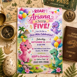 May include: A rectangular invitation card featuring colorful cartoon dinosaurs, balloons, and floral accents. The text reads: ROAR! Ariana is turning FIVE! Join Us for a Dino-Mite Celebration! Saturday, SEPTEMBER 12, 2026, 3:00 PM, 742 Willow Creek Drive, Austin, TX 78704, RSVP by September 5, Call or Text (512) 555-3948.