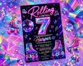 May include: A rectangular party invitation with neon pink and blue text reading Rolling Into 7, featuring roller skates, a disco ball, and the name Harper. The invitation is surrounded by holographic ribbons, disco balls, and miniature roller skate charms.