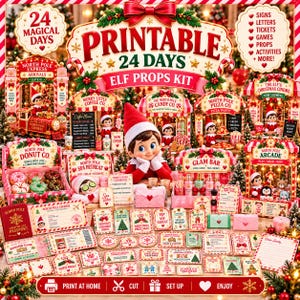 以下が含まれることがあります： コーヒーショップ、キャンディショップ、ピザ屋、スパ、ゲームセンターなどのミニチュア店舗が揃った、印刷可能なクリスマスエルフ用小道具キット。紙製のアクセサリー、看板、チケット、パスポートなどが含まれ、赤と緑の祝祭的なアクセントが施されています。
