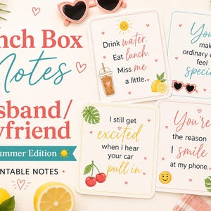 May include: A collection of printable lunch box notes for a husband or boyfriend, with summer-themed designs. The notes feature various quotes and illustrations, including a sun, lemons, and cherries. Pink heart-shaped sunglasses and lemons are also visible.