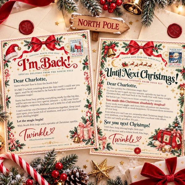 Könnte beinhalten: Zwei dekorative Weihnachtsbriefe vom Nordpol, adressiert an Charlotte. Der linke Brief trägt die Aufschrift I'm Back!, der rechte Until Next Christmas! Beide sind mit roten Schleifen, Stechpalmen und goldenen Glocken sowie Text bedruckt.