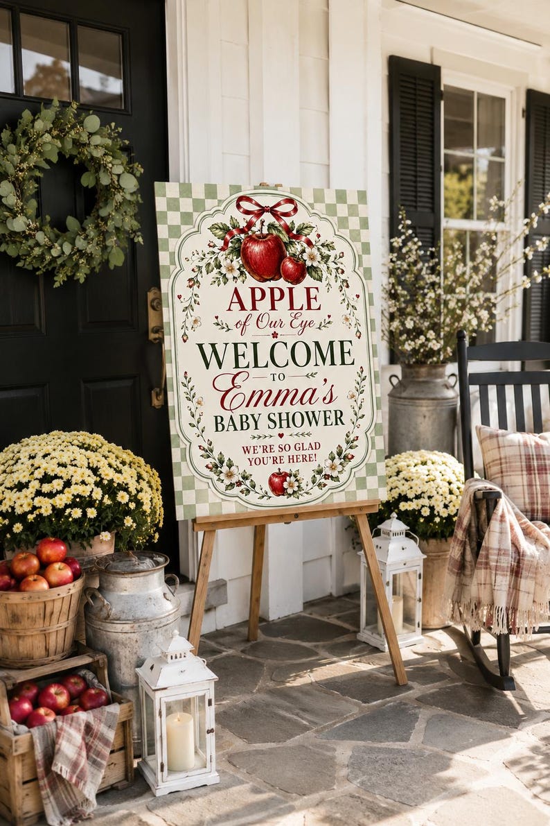 May include: A rectangular welcome sign for a baby shower featuring a light green and white checkered border. The sign displays the text APPLE of Our Eye WELCOME TO Emma's BABY SHOWER WE'RE SO GLAD YOU'RE HERE! with red apple and floral illustrations.