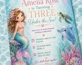 Three under the sea birthday invitation, 3rd birthday invite, Kids birthday invitation, Mermaid birthday invite, Girls birthday invitation