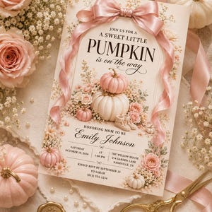 Op de afbeelding: Een rechthoekige uitnodigingskaart voor een babyshower met een roze satijnen strik aan de bovenkant, versierd met illustraties van lichtroze pompoenen, witte rozen en gipskruid. De tekst luidt: JOIN US FOR A A SWEET LITTLE PUMPKIN is on the way, HONORING MOM TO BE Emily Johnson, SATURDAY OCTOBER 10, 2026 AT 1:00 PM THE WILLOW HOUSE 214 GARDEN LANE NASHVILLE, TN KINDLY RSVP BY SEPTEMBER 25 TO SARAH (615) 555-1234.