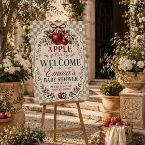 May include: A rectangular welcome sign on a wooden easel featuring a light green and white checkered background. The sign displays the text "APPLE of Our Eye WELCOME TO Emma's BABY SHOWER WE'RE SO GLAD YOU'RE HERE!" with red apple and floral illustrations.