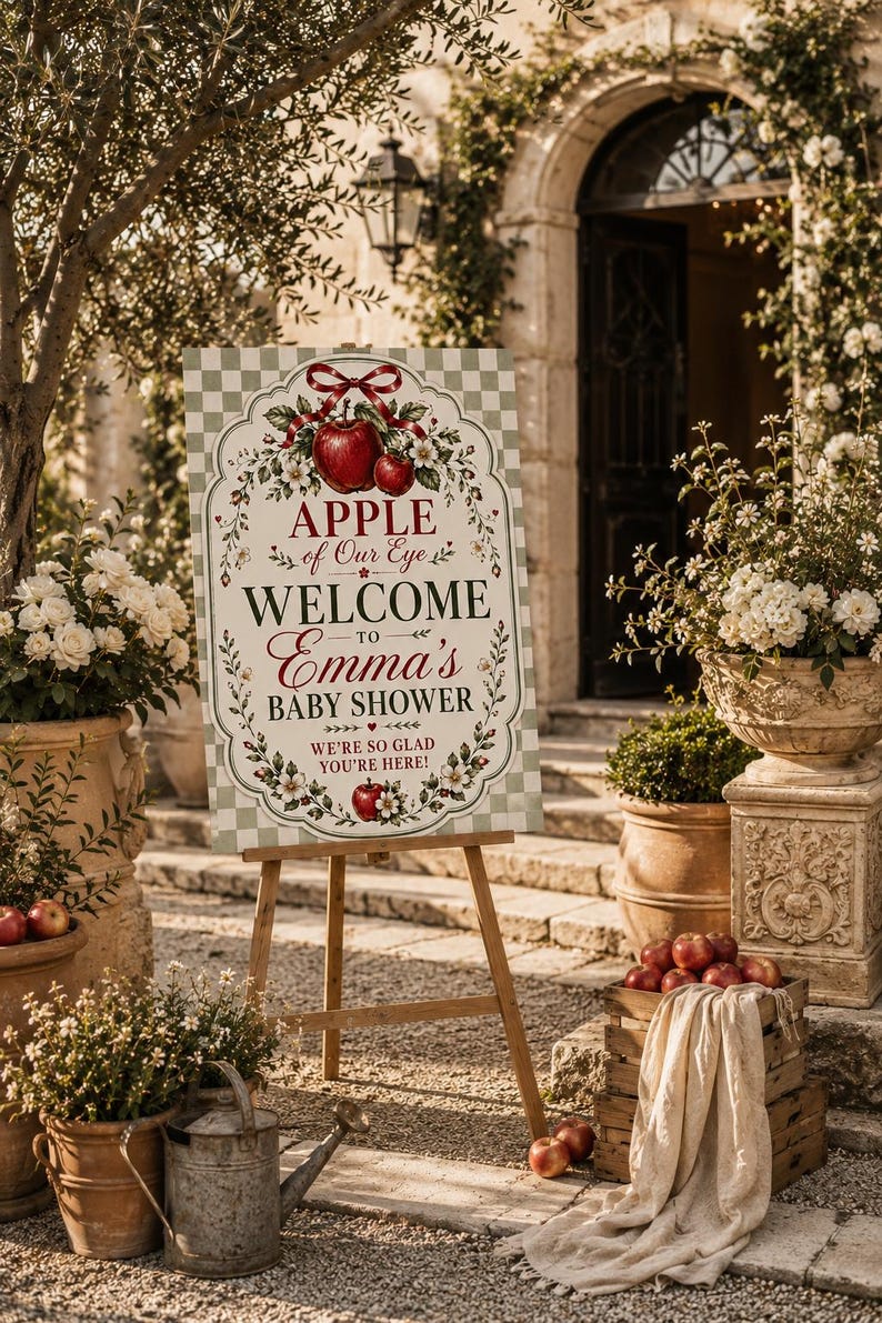 May include: A rectangular welcome sign on a wooden easel featuring a light green and white checkered background. The sign displays the text "APPLE of Our Eye WELCOME TO Emma's BABY SHOWER WE'RE SO GLAD YOU'RE HERE!" with red apple and floral illustrations.