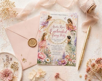 May include: A rectangular invitation card featuring watercolor illustrations of four fairies, colorful flowers, and mushrooms. The text reads: Amelia Rose's Enchanted Fairy Party, Step into a world of wonder, magic & sparkle, Saturday, September 20th, 2026.