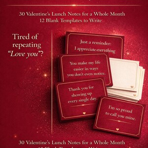 Może przedstawiać: Czerwony produkt w walentynkowym stylu z napisem "Valentine's Lunch Notes for Husband / Boyfriend". Obrazek przedstawia kilka notatek z miłosnymi wiadomościami, w tym "I appreciate everything" i "I'm so proud to call you mine."