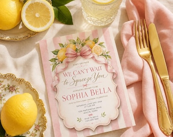 Lemon Baby Shower Invite, We Can't Wait To Squeeze You, Pink Bow Baby Shower Invite, Citrus Baby Shower Invitation, | Personalized Invite