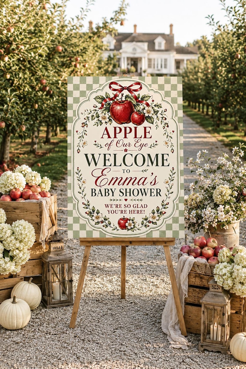 May include: A rectangular welcome sign for a baby shower featuring a light green and white checkered background. The sign displays the text APPLE of Our Eye WELCOME TO Emma's BABY SHOWER WE'RE SO GLAD YOU'RE HERE! with red apple and floral illustrations.