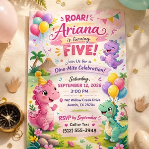 May include: A rectangular birthday invitation card featuring colorful cartoon dinosaurs, balloons, and tropical foliage. The text reads: ROAR! Ariana is Turning FIVE! Join Us for a Dino-Mite Celebration! Saturday, SEPTEMBER 12, 2026, 3:00 PM, 742 Willow Creek Drive, Austin, TX 78704, RSVP by September 5, Call or Text (512) 555-3948.