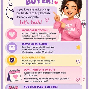 May include: A digital flyer titled A NOTE TO MY AMAZING BUYER! featuring a cartoon character in a pink sweatshirt. The text outlines custom design services, including a 1-hour turnaround, no editing required, and a guarantee for event invitations.