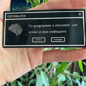 May include: A black rectangular sticker with white text and graphics. The text reads "cerveau.exe" and "Ce programme a rencontré une erreur et doit redémarrer." A brain graphic is also present. The sticker is held in front of a green leafy background.