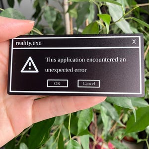 Könnte beinhalten: Eine schwarze rechteckige Karte mit weißem Text und Grafiken. Die Karte zeigt oben "reality.exe" und zeigt eine Fehlermeldung an: "This application encountered an unexpected error." Sie enthält die Schaltflächen "OK" und "Cancel".