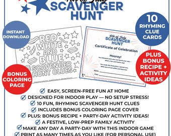 4th of July Scavenger Hunt: Kids Printable Party Game (Ages 3-8) (Digital Download