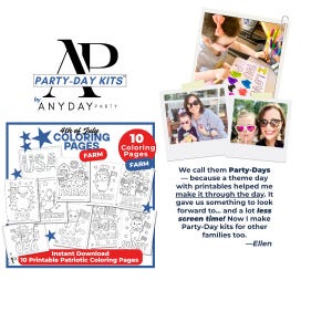 May include: A collection of 10 printable 4th of July coloring pages featuring farm animals, tractors, and USA themes. The set includes illustrations of a pig, chicken, cow, sheep, and bunny, alongside text labels and stars, presented with brand logos.