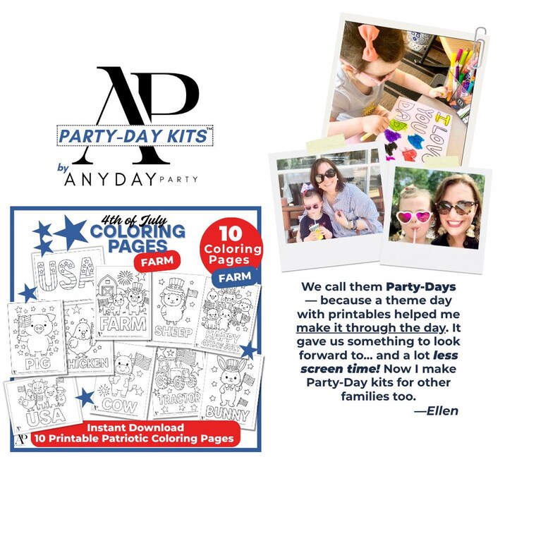 May include: A collection of 10 printable 4th of July coloring pages featuring farm animals, tractors, and USA themes. The set includes illustrations of a pig, chicken, cow, sheep, and bunny, alongside text labels and stars, presented with brand logos.