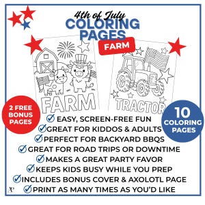 May include: A set of 4th of July coloring pages featuring farm-themed illustrations. The pages include a barn, a cow, and a tractor with American flags. Text includes 4th of July Coloring Pages Farm, 2 Free Bonus Pages, and 10 Coloring Pages.