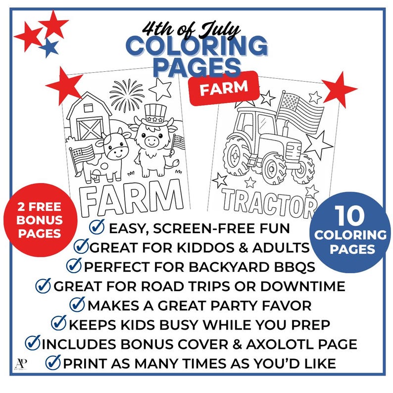 May include: A set of 4th of July coloring pages featuring farm-themed illustrations. The pages include a barn, a cow, and a tractor with American flags. Text includes 4th of July Coloring Pages Farm, 2 Free Bonus Pages, and 10 Coloring Pages.