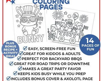 4th of July Coloring KIT for Kids – 14 Printable Pages + Bonus Activity & Recipe