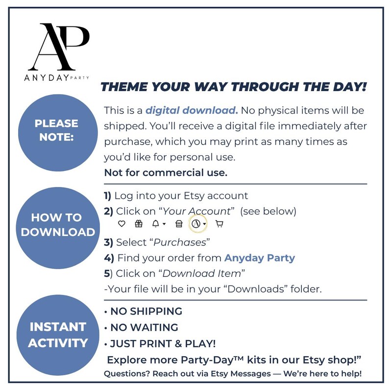 May include: An informational graphic for a digital download from Anyday Party. It features three blue circles labeled Please Note, How to Download, and Instant Activity. The text explains the process of logging into an Etsy account to access files.