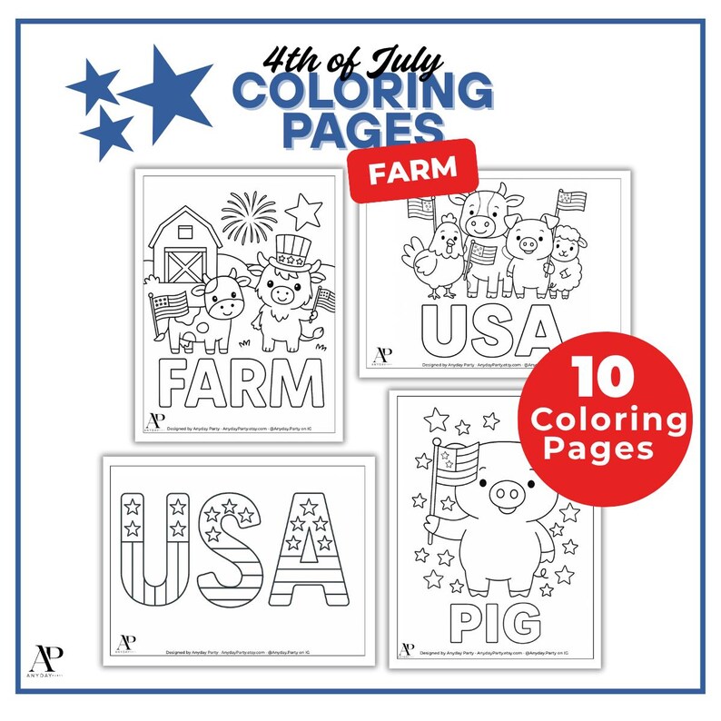 May include: A set of 10 4th of July coloring pages featuring farm animals and patriotic themes. The black and white line art includes illustrations of a cow, pig, chicken, and sheep with American flags, plus the text FARM, USA, and PIG.