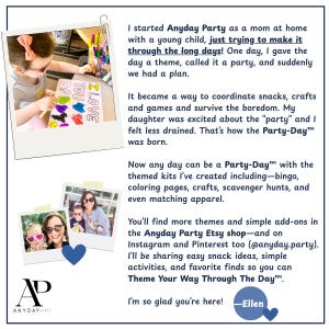 May include: A promotional graphic for Anyday Party featuring two polaroid-style photos. One shows a child coloring a card that says I LOVE YOU DAD. The other shows two people wearing heart-shaped sunglasses. Text details the Party-Day brand story.