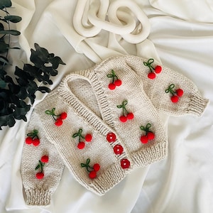 Hand Knitted Baby Cardigan: Cherry Appliqué, Infant Knitwear