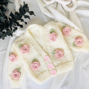 Pink Roses Baby Cardigan – Hand Knitted Baby Girl Sweater – Soft Handmade Baby Shower Gift – Newborn to Toddler – Rose Detail