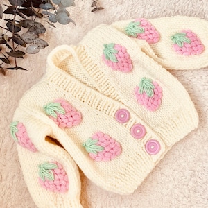 Hand Knitted Baby Cardigan: Pink Strawberries, Infant Girl Wear