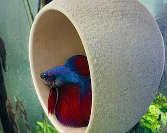 Betta Fish Coconut Husk 3D Printed Hide, Glass Mount Aquarium Shelter, Textured Floating Bowl, Suction Cup Aquascape Den