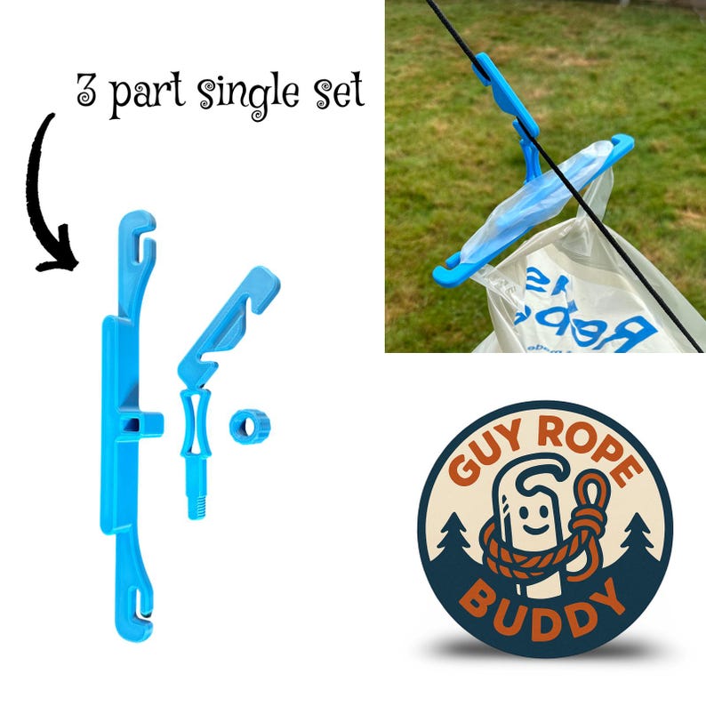 Pu&ograve; includere: Un set singolo di 3 pezzi di tenditori blu. Il set include un pezzo lungo e dritto con un gancio, un pezzo angolato pi&ugrave; corto e un piccolo pezzo circolare. L'immagine mostra anche il tenditore in uso con una tenda.