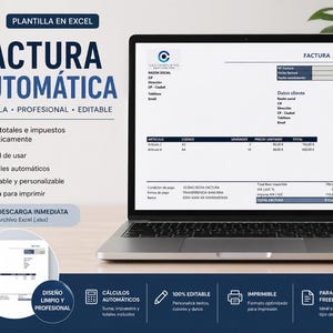 Puede incluir: Un portátil muestra una plantilla de factura de Excel en español, titulada "FACTURA AUTOMÁTICA". La pantalla muestra los detalles de la factura, con opciones de cálculo automático y personalización. También se ve el logotipo de Excel.