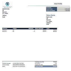 May include: A white invoice with the heading "FACTURA" and the C&D TEMPLATES logo. The document includes sections for customer details, itemized products, and financial totals. The total is 919.60€.