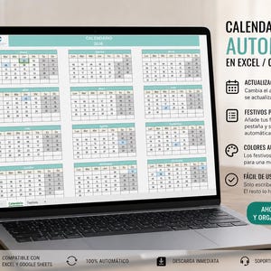May include: A laptop screen shows a 2026 annual calendar in a spreadsheet format. The screen displays months with dates in a grid, with text in Spanish. The text on the screen says "CALENDARIO ANUAL AUTOMÁTICO EN EXCEL / GOOGLE SHEETS".