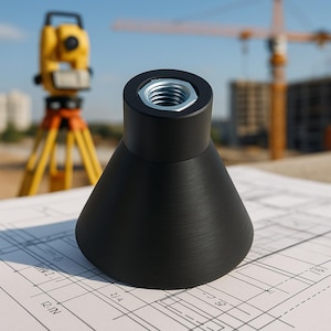 May include: A black, cone-shaped object with a silver nut at the top, resting on a blueprint. The object has a textured surface. A yellow surveying instrument and construction crane are visible in the background.