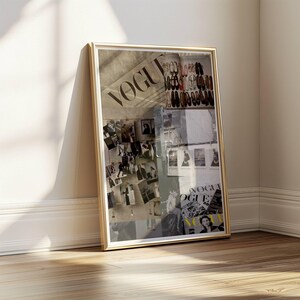 May include: A framed print featuring a collage of fashion magazine pages, including the word "VOGUE" in large black letters. The print includes images of shoes and photographs, with a gold-coloured frame.