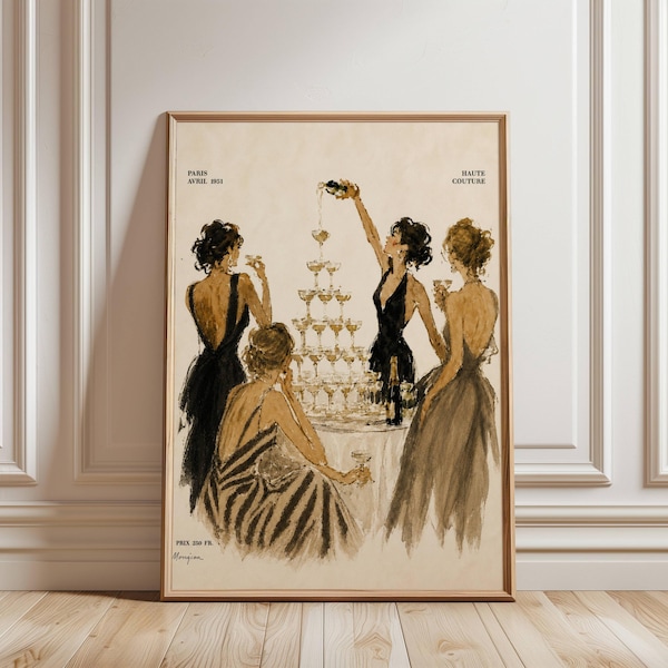 Champagnerturm-Poster, modischer Aquarelldruck, elegante, von der Vogue inspirierte Wandkunst