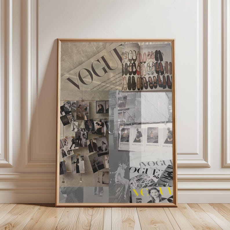 May include: A framed artwork featuring the word "VOGUE" and a collage of fashion images, including photographs and shoes. The piece is displayed on a wooden floor against a white wall.