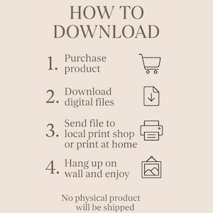 May include: A beige graphic with instructions on how to download a digital product. The text reads "HOW TO DOWNLOAD" followed by numbered steps: purchase product, download digital files, send file to print shop, and hang on wall.