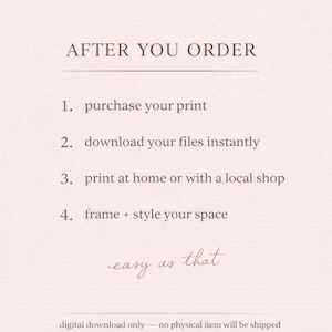 May include: A light pink graphic with the text "AFTER YOU ORDER" and numbered steps: purchase print, download files, print at home, frame and style. The phrase "easy as that" is written in cursive. The text "digital download only" is at the bottom.