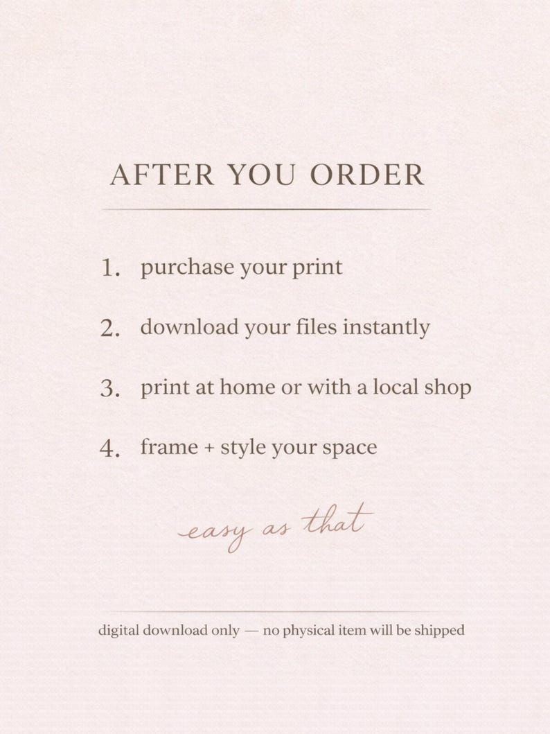 May include: A light pink graphic with the text "AFTER YOU ORDER" and numbered steps: purchase print, download files, print at home, frame and style. The phrase "easy as that" is written in cursive. The text "digital download only" is at the bottom.