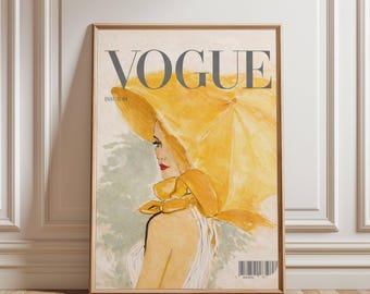 Pôster Vogue amarelo, impressão de ilustração de moda, arte de parede editorial, decoração chique de verão, pôster de moda minimalista, arte elegante para quarto.