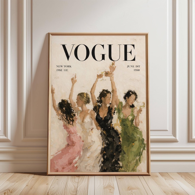 May include: A framed Vogue magazine cover print featuring four women toasting with champagne. The artwork is in a painterly style, with the word "VOGUE" in large black letters at the top. The date "June 1st 1950" is also visible.