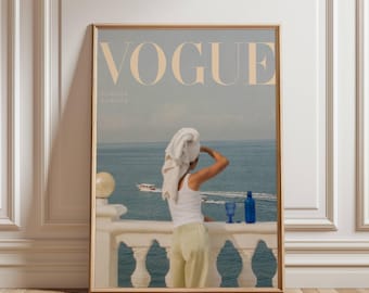 Lámina de Vogue de Europa de verano, póster de viaje costero europeo, arte mural de moda mediterránea, decoración editorial neutra para dormitorios
