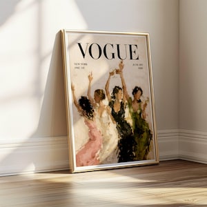 May include: A framed Vogue magazine cover print. The cover features the word "VOGUE" in large black letters. Below the word "VOGUE" are the words "NEW YORK" and "JUNE 1ST 1950". The image depicts four women in evening gowns raising glasses.