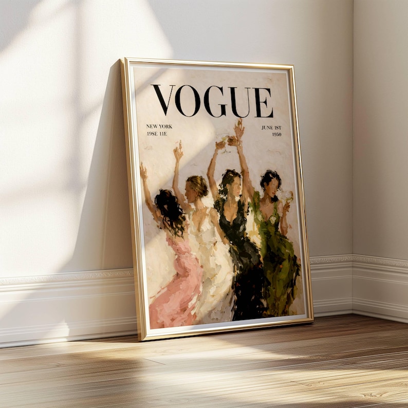 May include: A framed Vogue magazine cover print. The cover features the word "VOGUE" in large black letters. Below the word "VOGUE" are the words "NEW YORK" and "JUNE 1ST 1950". The image depicts four women in evening gowns raising glasses.
