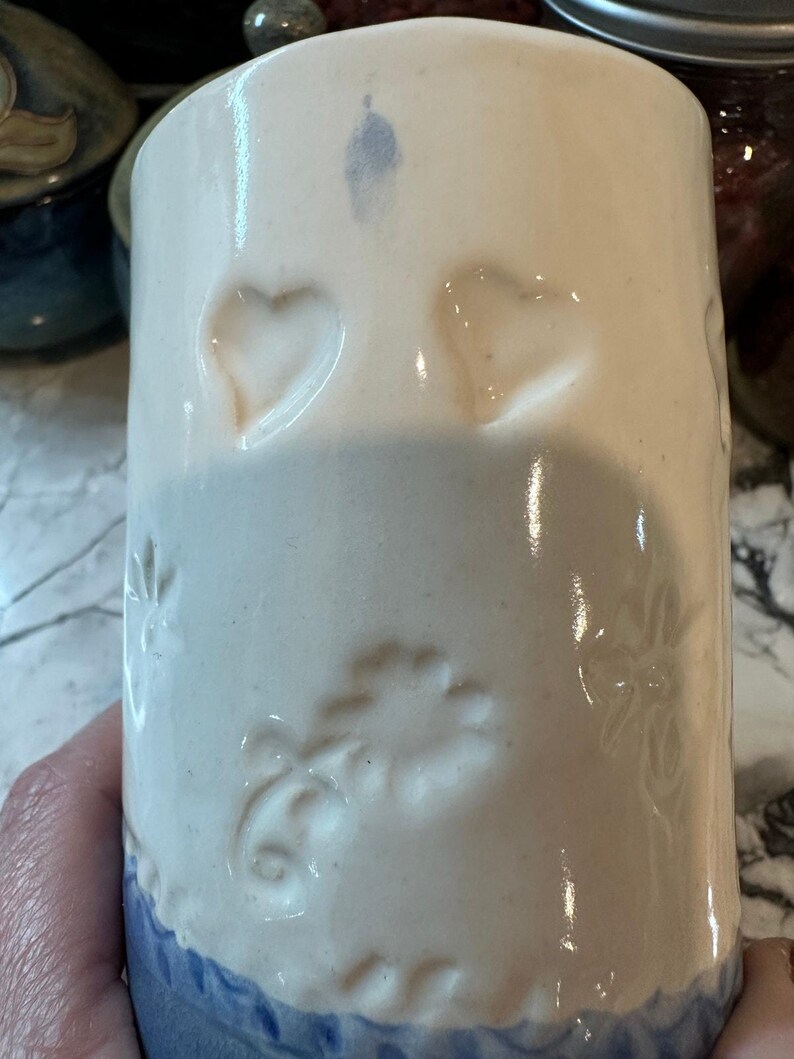 Vintage Blue and White Handmade Pottery Mug, Signed Anna K. White Sky image 3