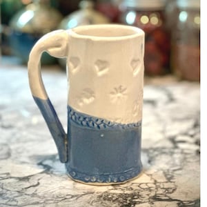 Vintage Blue and White Handmade Pottery Mug, Signed Anna K. White Sky image 1